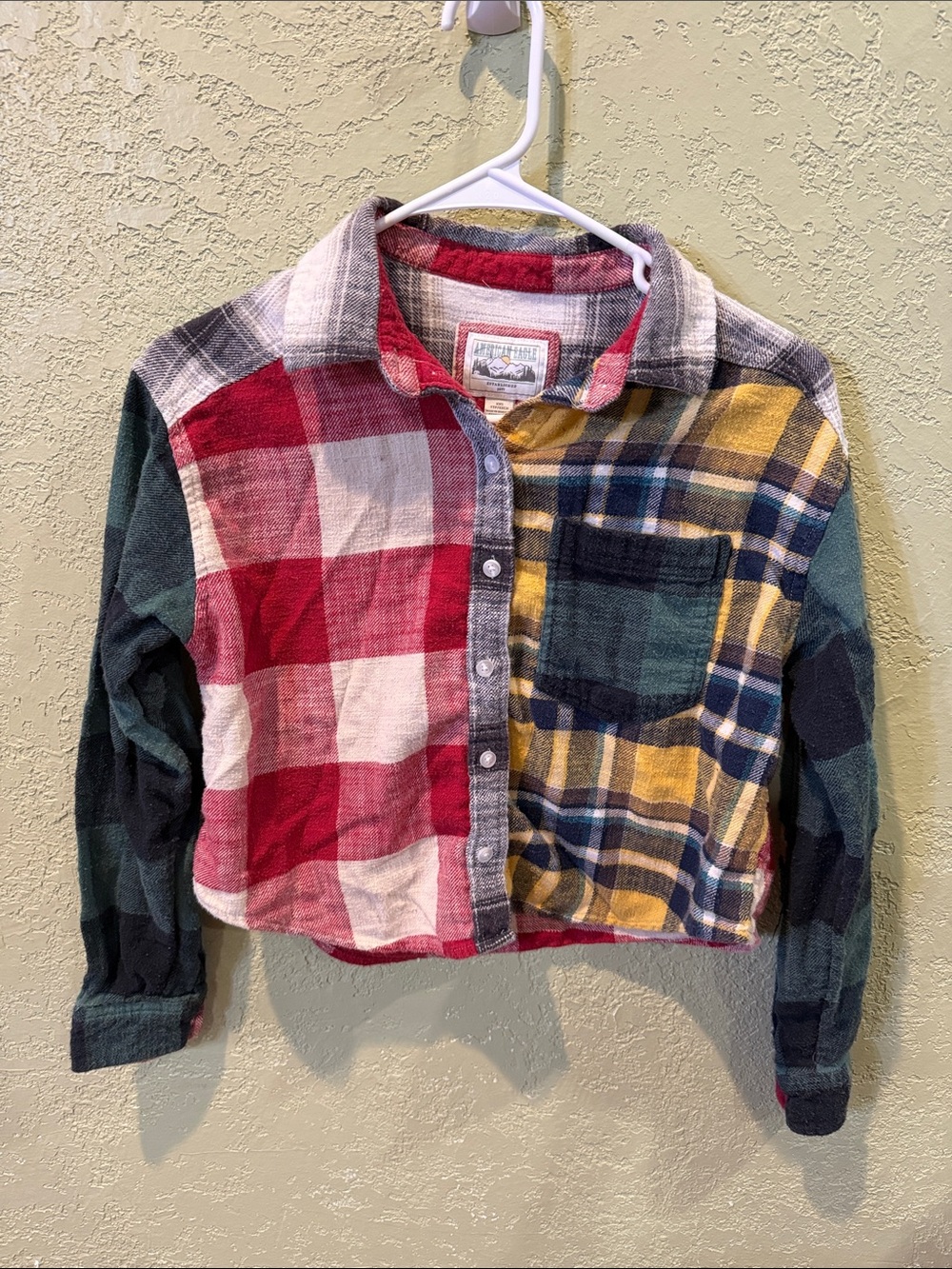 American Eagle Outfitters Patchwork Plaid Button-Down Shirt - Red, Yellow, Green